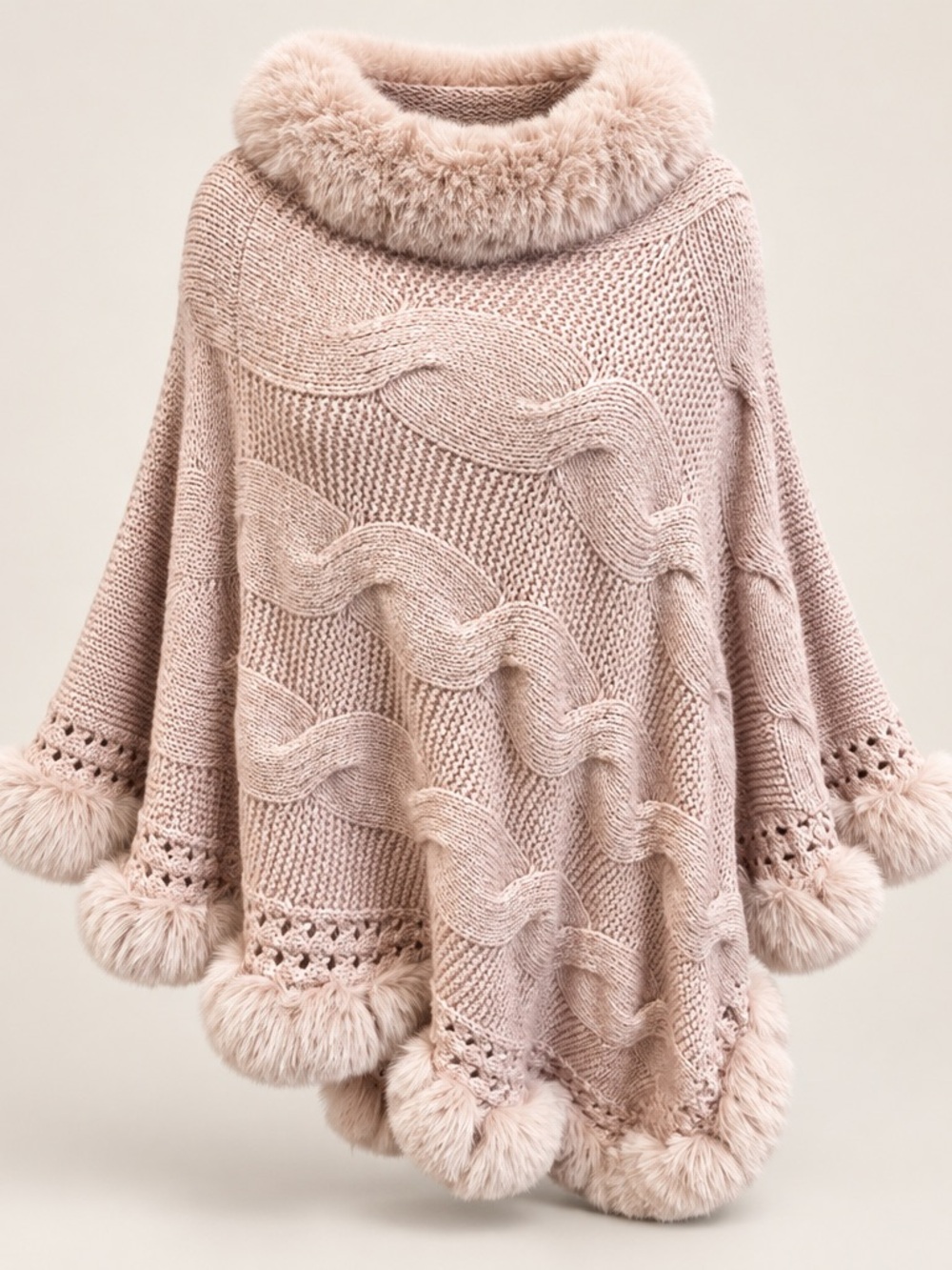 Plush Cable Knit Faux Fur Trim Poncho Sweater - Blush
